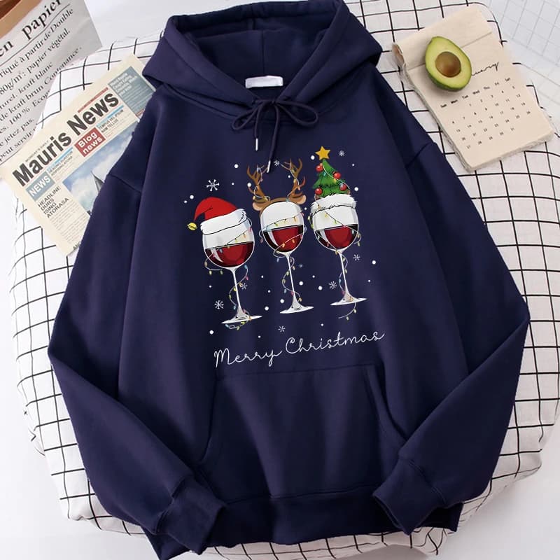 Damen Frohe Weihnachten Weingläser Grafikdruck Hoodies Lässiger koreanischer Stil Hoody Sweatshirts Vintage 90er Jahre Pullover Kleidung