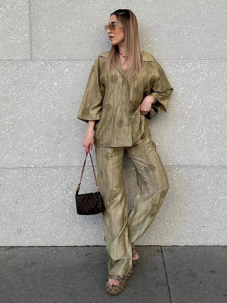 HH Frauen Elegante Jacquard Bluse Hose Sets Casual Langarm Hemd Breite Bein Hosen 2024 Weibliche Mode Streetwear Anzug