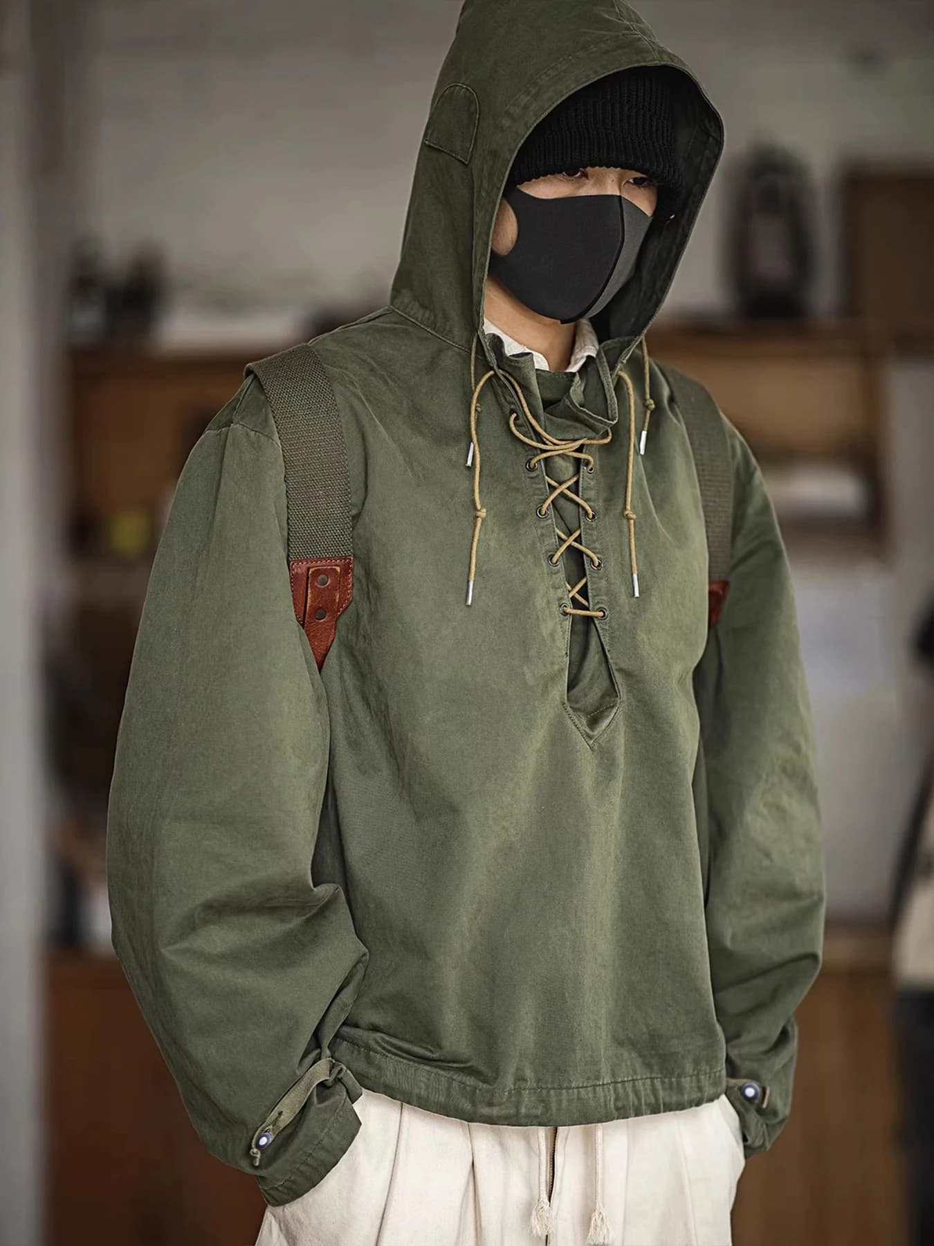 Amerikanischer Retro Grüner Deck Parka Pullover, Herren Vintage 100% Baumwolle Kapuzenjacke mit Kordelzug, Lässiger Loose Fit für Frühling und