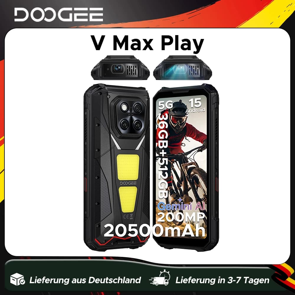 DOOGEE V Max Play 5G Projektor-Robust-Smartphone mit 6,78-Zoll-Display, 20500-mAh-Akku, zwei Campinglampen, Dimensity 7300, NFC