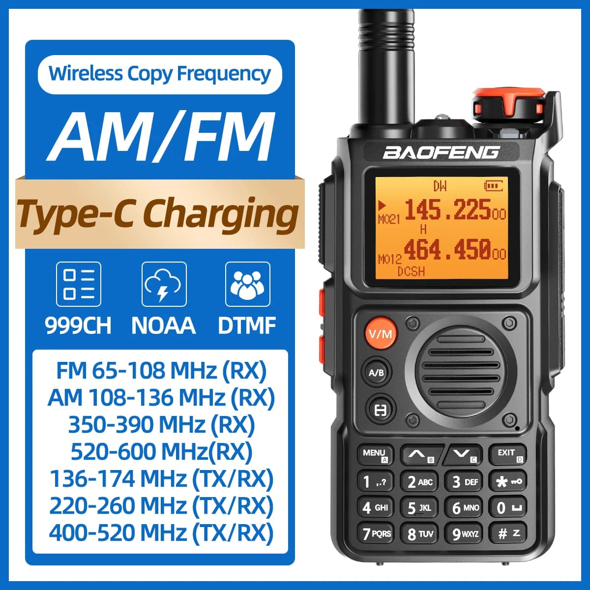 Baofeng UV-K6 Walkie Talkie mit großer Reichweite, vollbandig, kabellos, Kopierfrequenz, Typ-C-Aufladung, UHF, VHF, Amateurfunkgerät für Camping