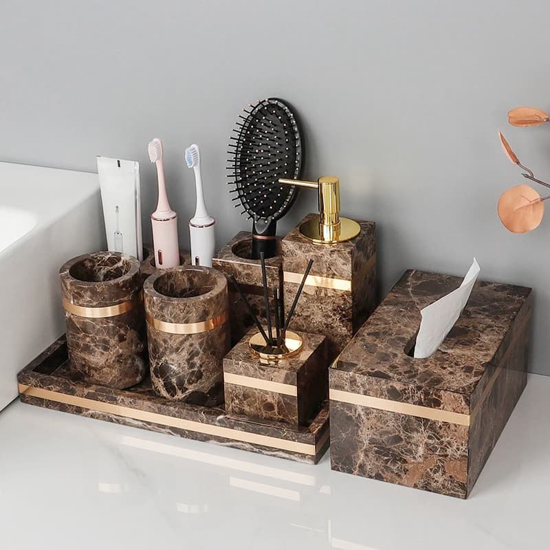 Emperador Badezimmer-Set aus dunklem Naturmarmor, luxuriöser Zahnbürstenhalter aus Stein, Zahnbecher, Seifenspender, Badezimmer-Accessoires