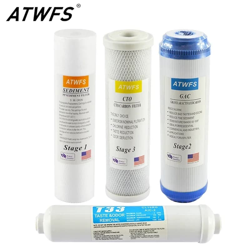 ATWFS 4-stufiges Wasserfiltersystem, Kartuschenreiniger, 10 Zoll Baumwollfilter, Aktivkohlefilter T33 für Umkehrosmose
