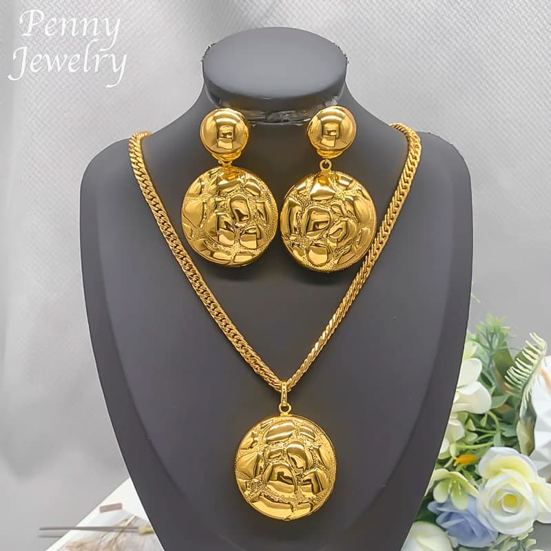 Luxus Big Drop Runde Anhänger mit Kette Dubai 18K vergoldet Schmuckset Damen Halskette Ohrringe Braut Party Hochzeitsgeschenke