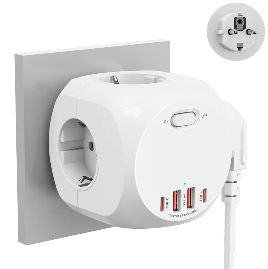 EU-Steckdosenleisten-Würfel, mehrere Steckdosen mit 2 USB-A- und 2 Typ-C-Anschlüssen, 4 AC-Steckdosen, Wandstecker, Netzteil für Zuhause