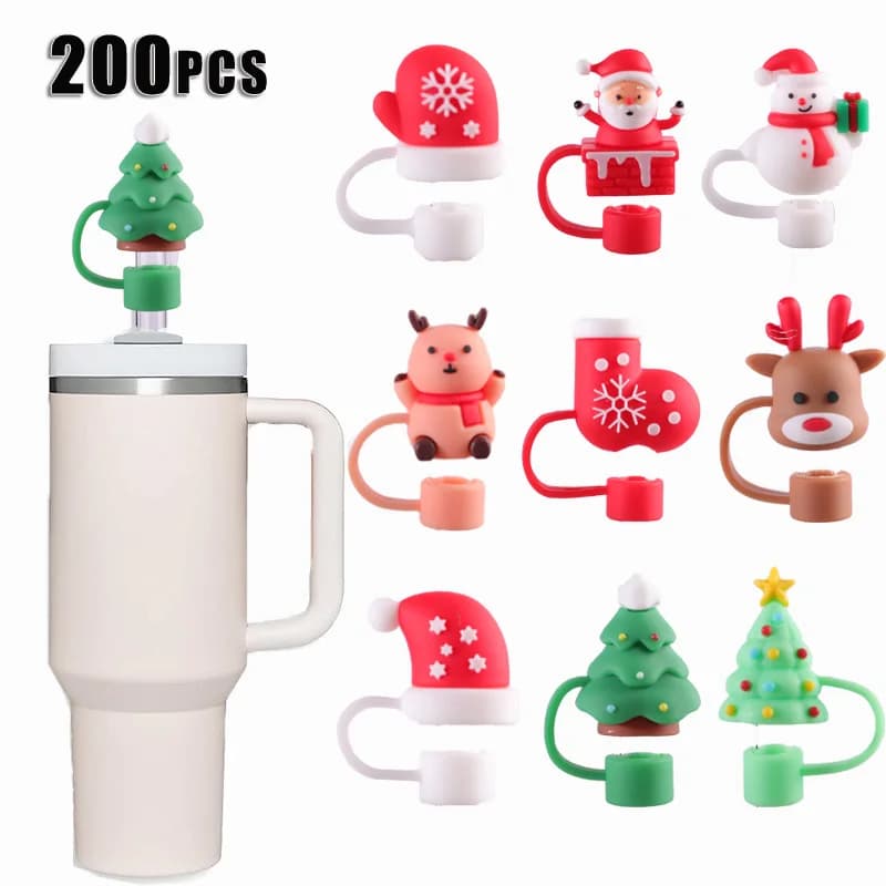 200 Stück Weihnachts kollektion Tasse Stroh Staub kappe Glas Stroh Staub Stopper 10mm Stroh Abdeckung Abdeckung Stanley Universal Wasser flasche