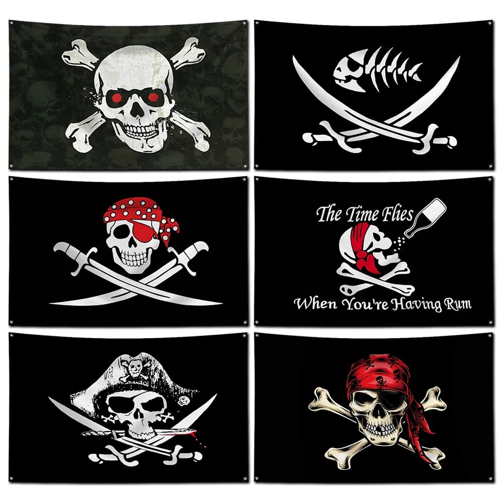 3 x 5 Fuß Totenkopf-Piratenflagge, Polyester, Digitaldruck, Jolly Roger-Banner für Garage, Wand- und Außentürdekoration mit Messingösen