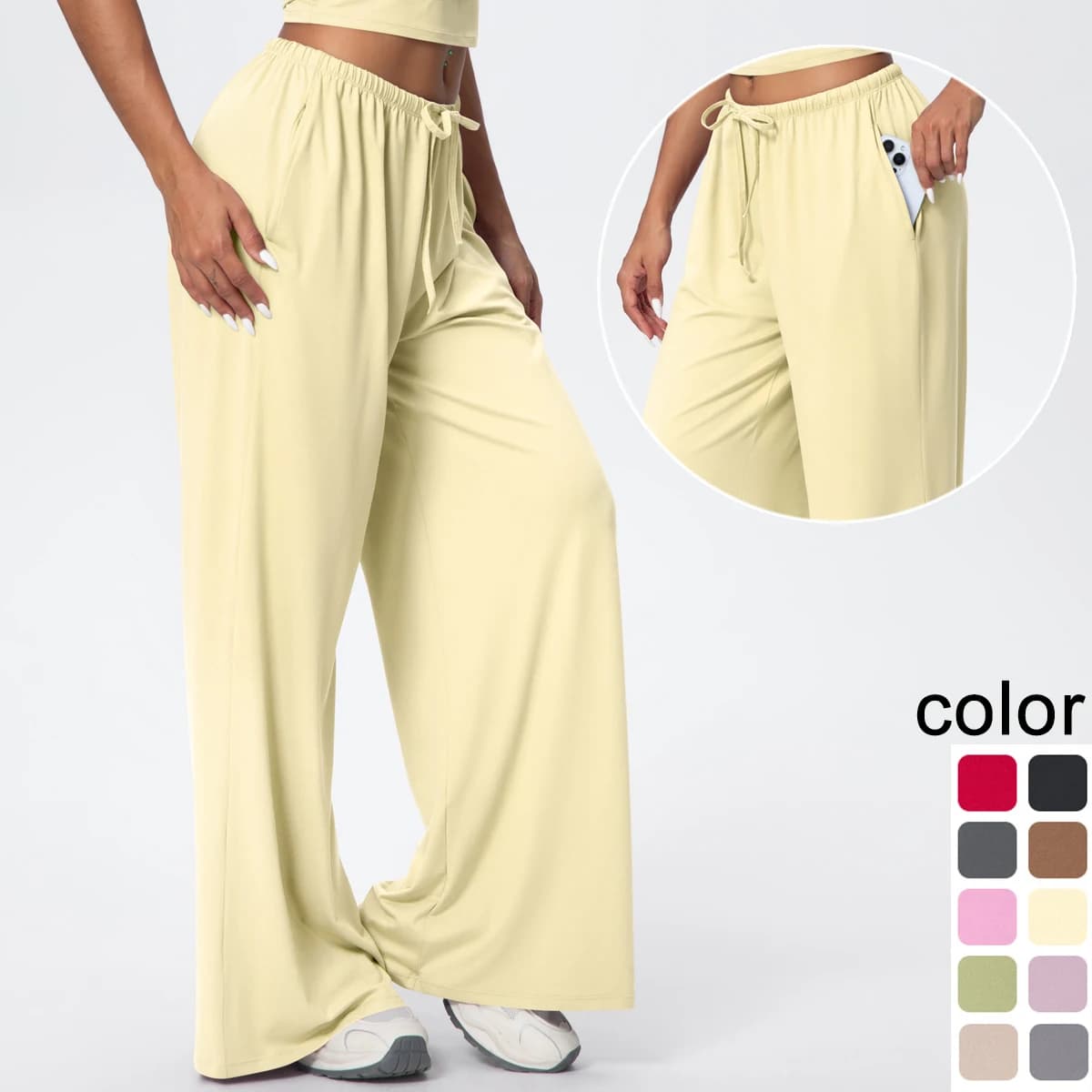 Schnell trocknende Damen-Yogahose mit weitem Bein, lockere Yogahose, hohe Taille mit Taschen, Fitness, Sport, Fitnessstudio, Workout, Kordelzug in