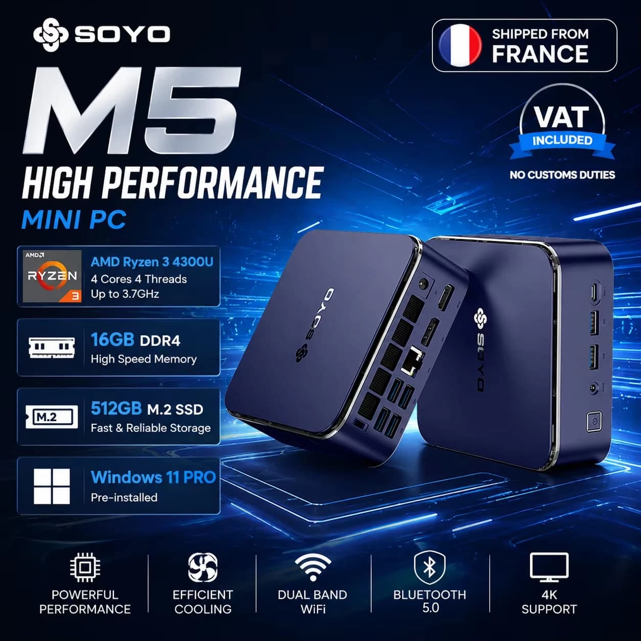 SOYO M5 Mini-PC Neuerscheinung AMD Ryzen 3 4300U (Max Turbo 3,7 GHz) Prozessor LPDDR4 16 GB RAM 512 GB M.2 SSD WiFi5 BT5.0 Windows 11 Pro Leiser