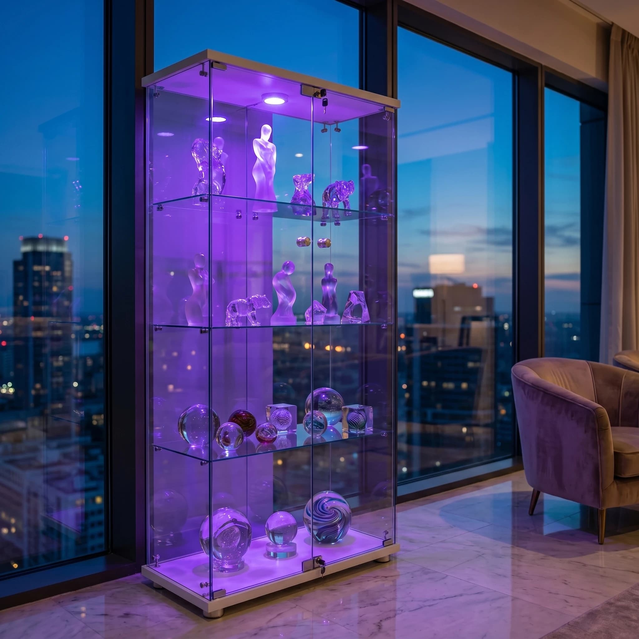 Anajqaqia 2-türige Glasvitrine mit 3 Regalen, LED-Aufbewahrungsschrank mit Beleuchtung und Schloss für Wohnzimmer, Schlafzimmer, Büro, Bücher,