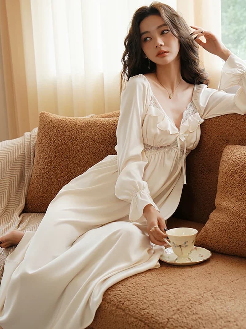 Damen Französisch Vintage Prinzessin Nachtwäsche Frauen Frühling Herbst Lange Seide Pyjama Nachthemd Fee Rüschen Spitze Viktorianischen