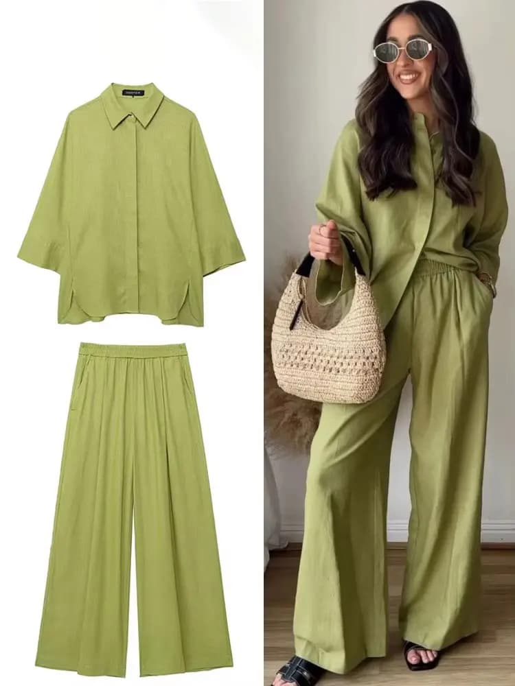 HH Frauen Casual Solide Bluse Hose Sets Lose Langarm Revers Shirts Elastische Taille Breite Bein Hosen Büro Dame Anzug