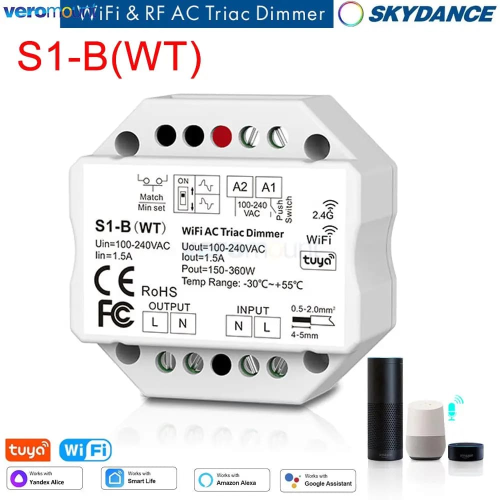 Skydance S1-B(WT) Tuya Smart 220V AC Triac Dimmer Wifi Einfarbige LED Licht Controller RF Drahtlose Fernbedienung Druckschalter