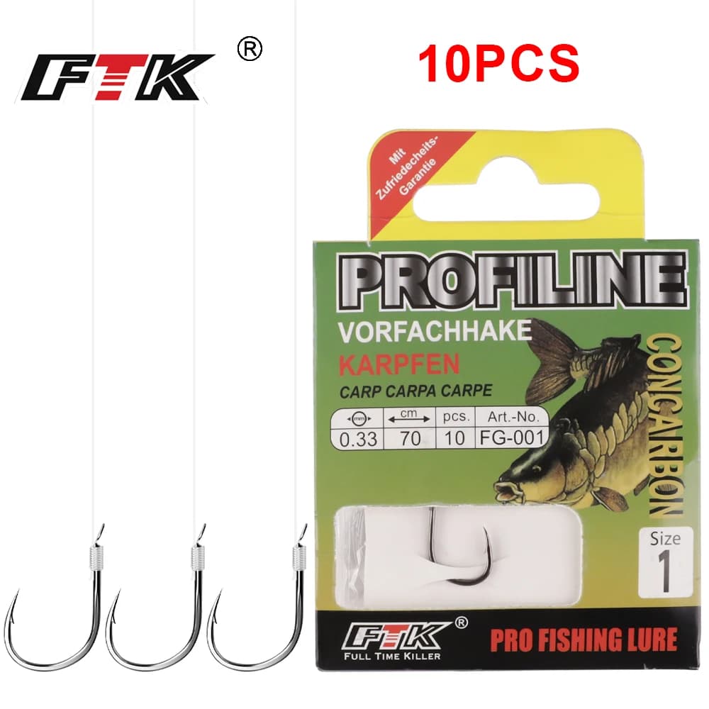 FTK 10 Stück/Packung PROFILELINE Vorgebundene Karpfenangelhaken Größe 1/2/4/6/8 #   mit 70cm Monofilament
