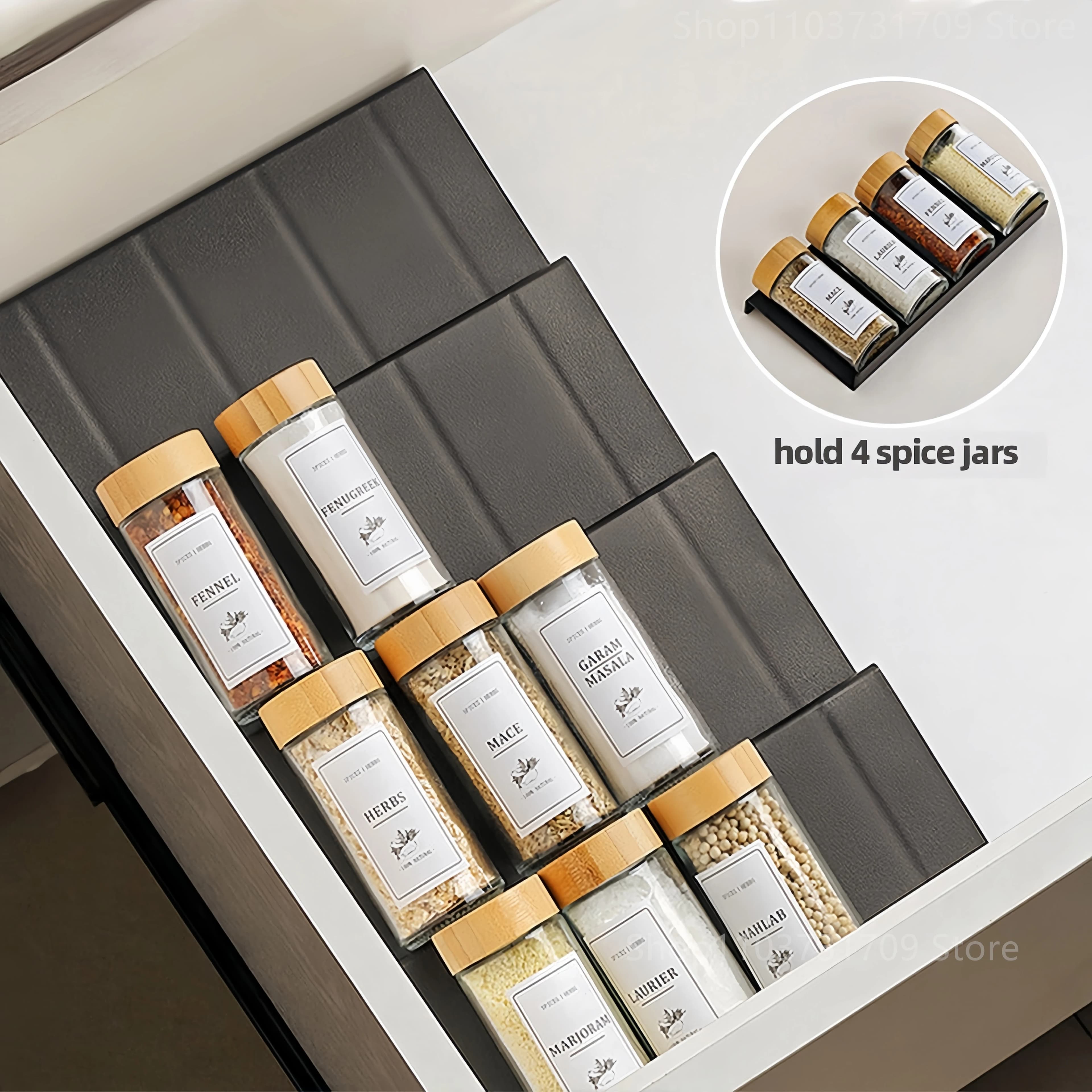 4-lagiger Küchen-Gewürzschubladen-Organizer, verstellbares Gewürzregal für Gewürzgläser, Gewürzflaschen, Schrank, Speisekammer,