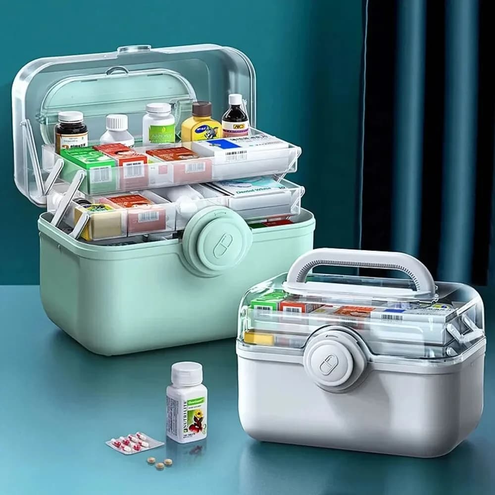 Organizer-Box, tragbares Erste-Hilfe-Set, Notfall-Apotheke, Aufbewahrungsbehälter, Pillendose, 3-lagige Familienmedizin-Box mit großer Kapazität