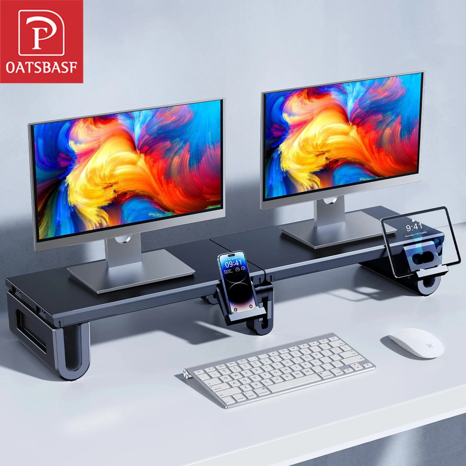 Oatsbasf Dual Monitor Ständer Riser Höhenverstellbar Laptop Desktop Organizer Ständer mit Telefon Tablet Halter für Computer Laptop