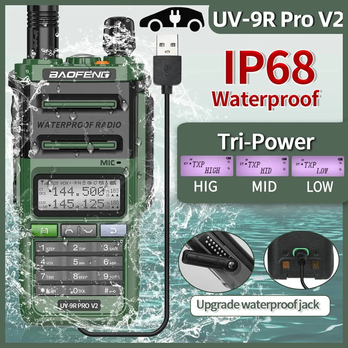 Baofeng UV 9R Pro V2 IP68 Wasserdichtes Walkie-Talkie Tri-Power Typ-C-Ladegerät Dualband-Amateurfunk Zwei-Wege-Radio von UV 9R Plus