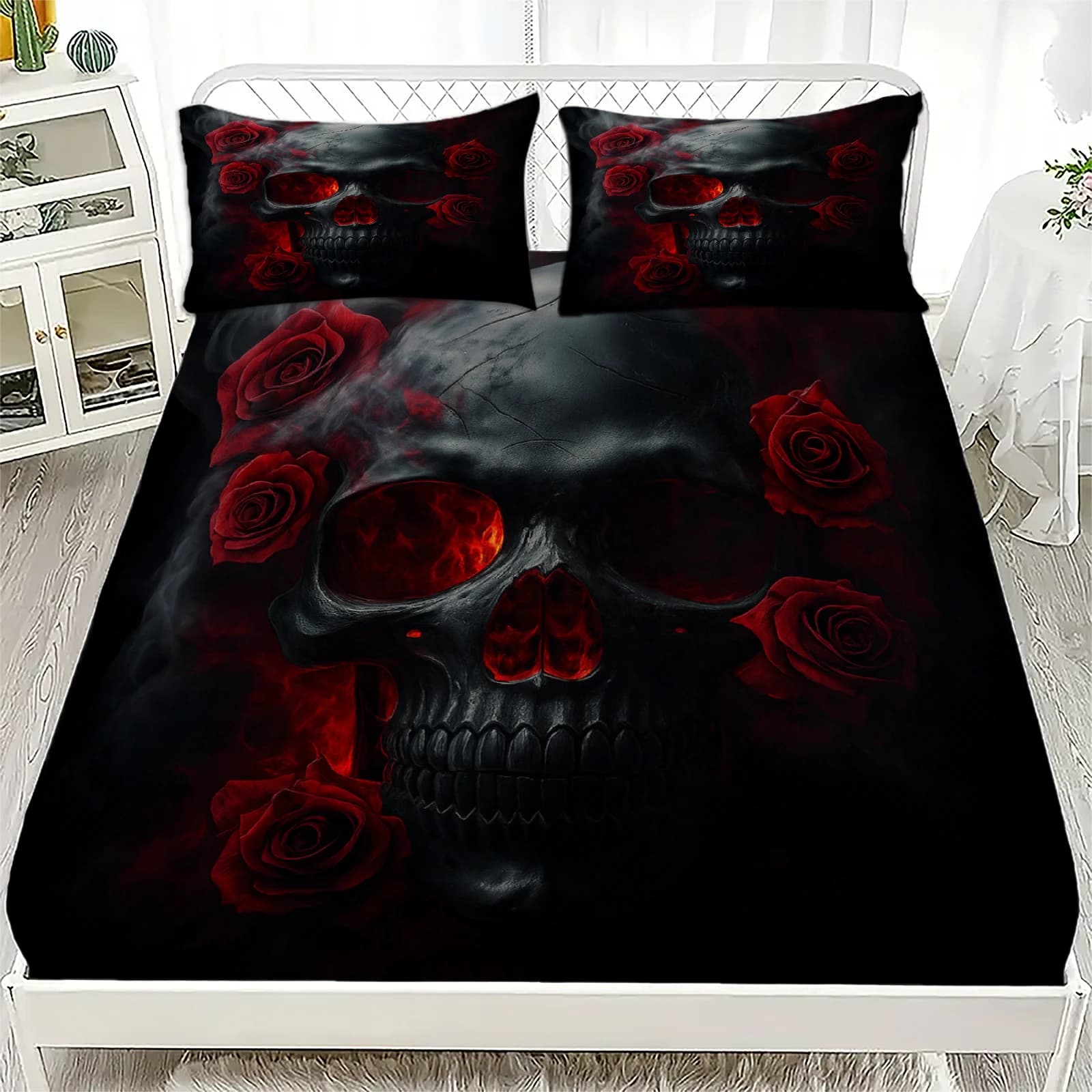 3-teiliges Spannbettlaken-Set im Gothic-Stil mit Totenkopf-Blumendruck, 100 % Polyester, atmungsaktives Bettwäsche-Set für Heimdekoration mit 2