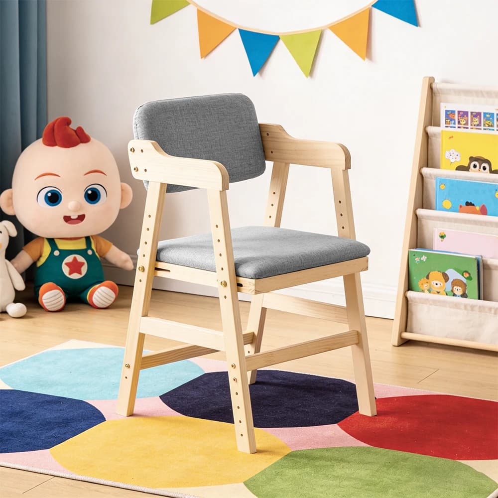 Hochstuhl, höhenverstellbar, für Kinder von 3-15 Jahren, Kiefernholz, zum Essen und Lernen, Erwachsenenstuhl, rosa/grau/schwarz/beige