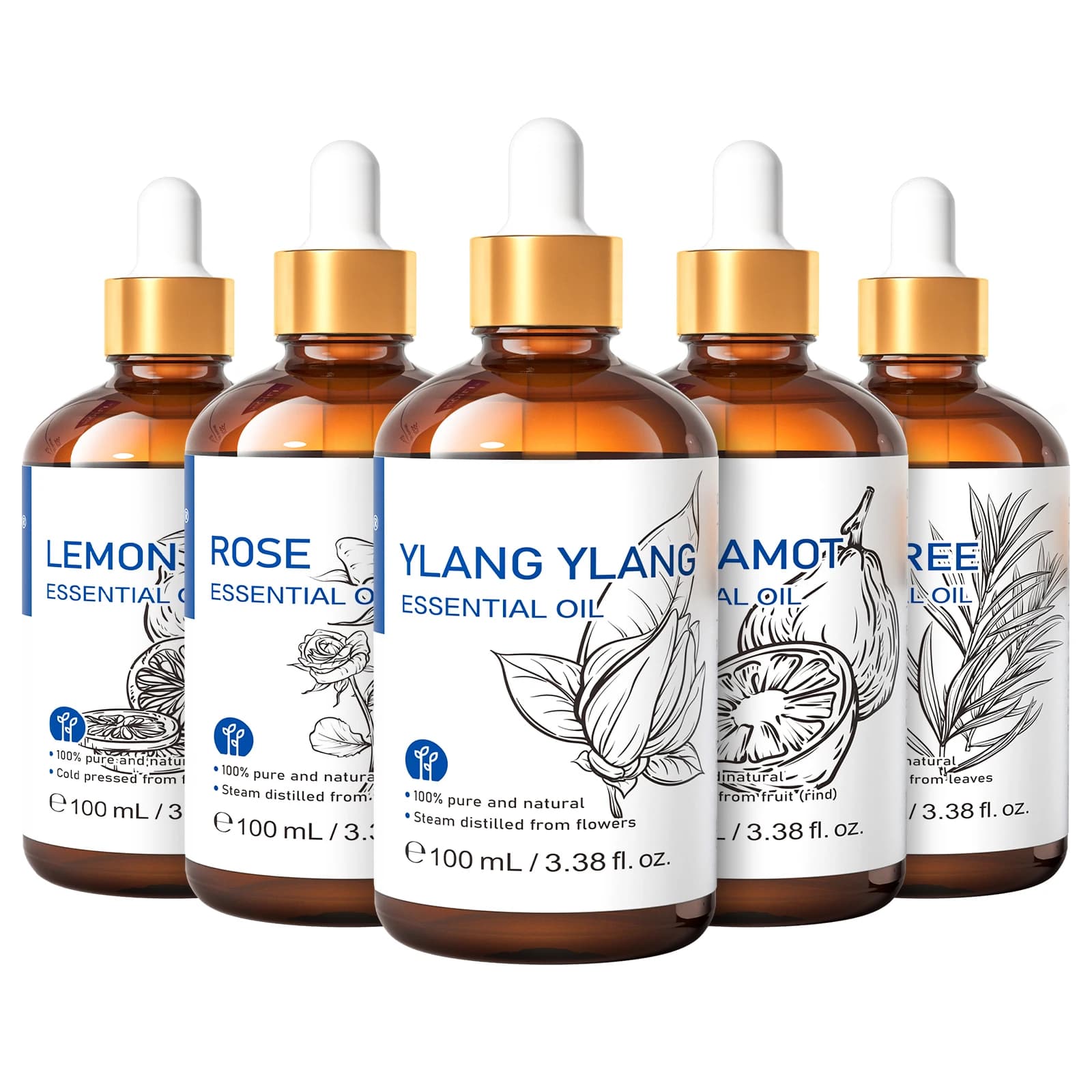 HIQILI Ylang-Ylang Ätherisches Öl 100 ml Citronella Geranie 100 % natürliches Baumöl für Hautmassage Stressabbau und Aromatherapie