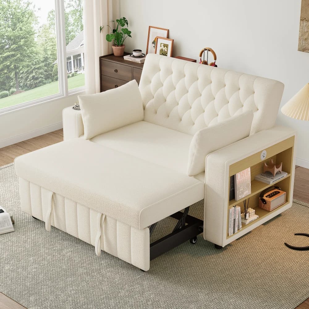Multifunktionales Schlafsofa, modernes Klappsofa mit Stauraum und Schlaffunktion, Getränkehalter, USB-Ladeanschluss und Kissen