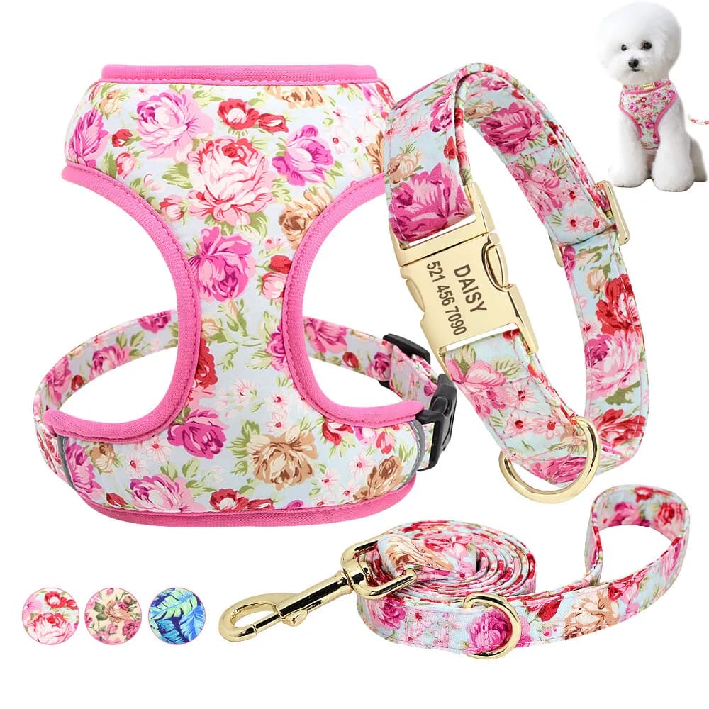 Nylon bedrucktes Hundehalsband, Geschirr, Leine, Netzstoff, Welpen- und Katzenweste, personalisierte Haustierhalsbänder, Anti-Verlust für kleine,