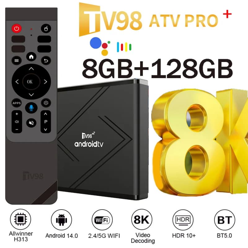 Neue TV98 ATV Pro Plus TV Box Android 14 Media Player 4G 5G Dual Wifi6 8K 4K BT5.0 Sprachfernbedienung Allwinner H313 Quad Core IPTV