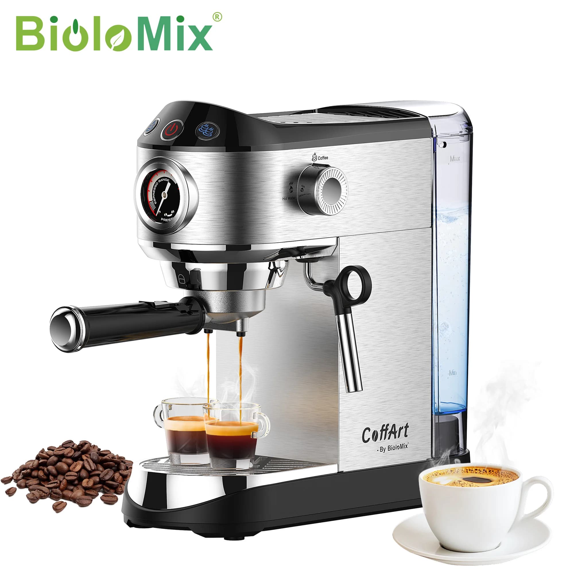 BioloMix 20-Bar-Halbautomatische Kaffeemaschine mit Milchaufschäumer für Espresso, Cappuccino, Latte, Mokka und Spezialkaffeegetränke