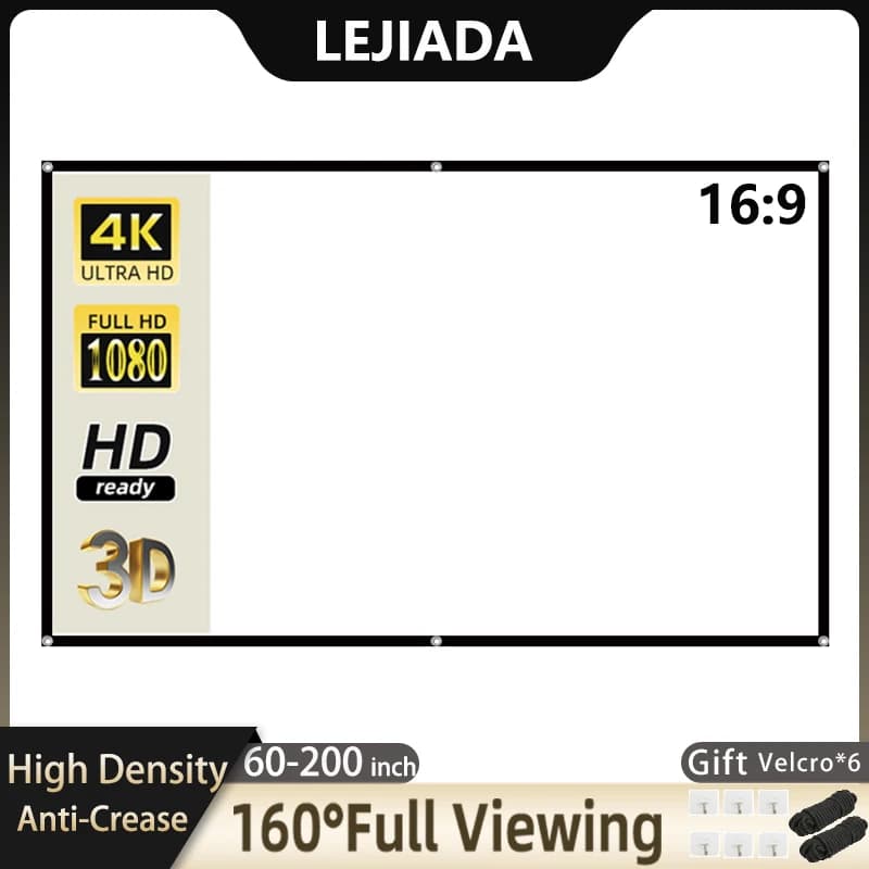LEJIADA Projektor-Leinwand, weiß, knitterfrei, 60–200 Zoll, 16:9, weich, hohe Dichte, tragbar, faltbar, Projektionswand, Outdoor-Film