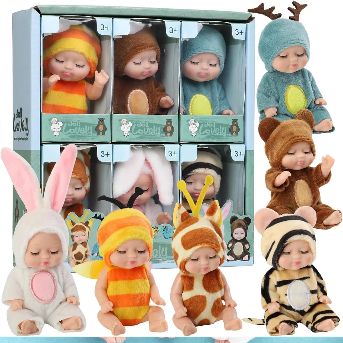 1/6 Stück 4-Zoll-Mini-Reborn-Babypuppen-Spielzeugset, realistische Babypuppe mit niedlicher Tierkleidung, Geschenke für Geburtstag, Weihnachten,