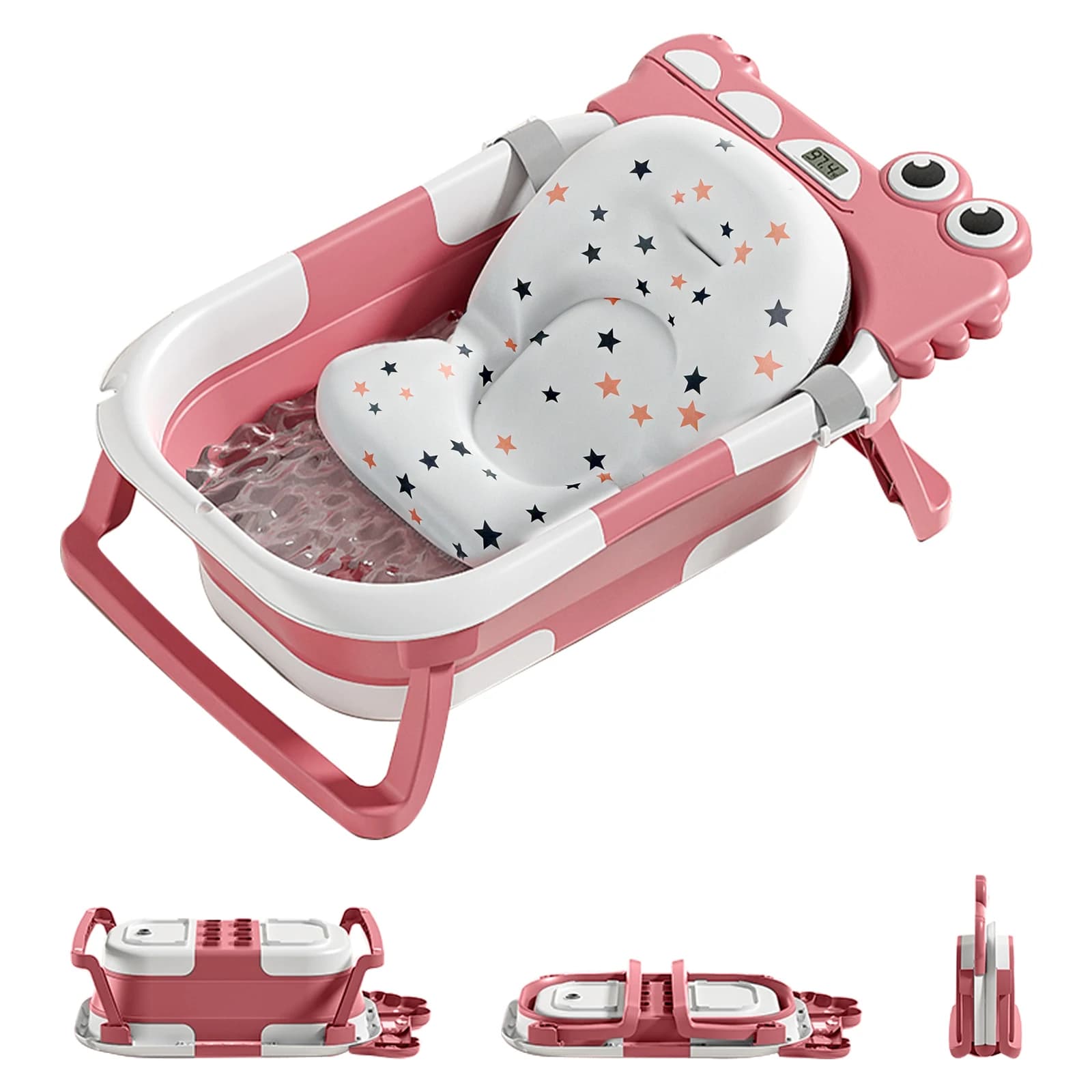 Faltbare Babybadewanne mit Baby-Badekissen und integriertem Thermometer – Kinderbad mit Baby-Badematte
