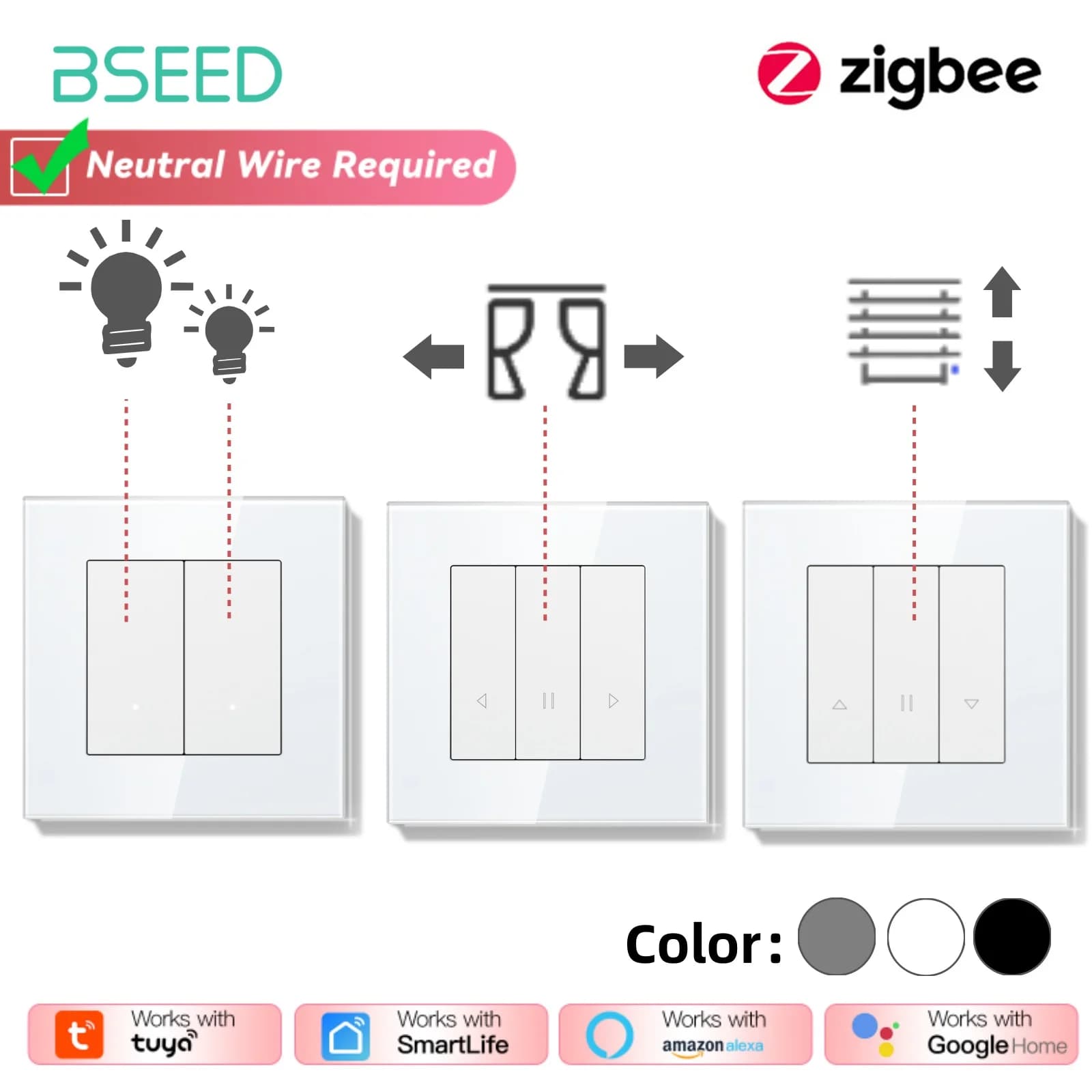 BSEED Zigbee Vorhang-/Licht-/Rollschalter-Serie, Wand-Smart-Klick-Schalter, Jalousien-Schalter mit Gelber Hintergrundbeleuchtung, Glasrahmen, Tuya