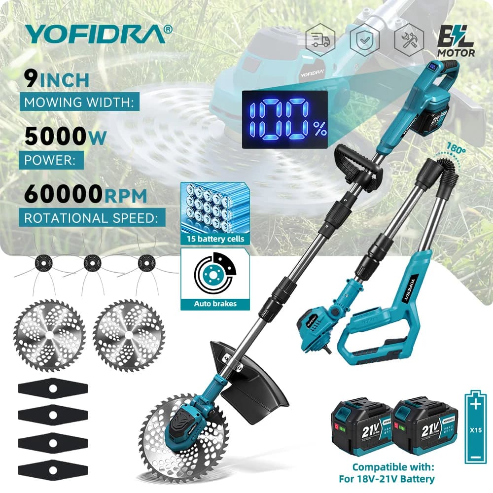 YOFIDRA 5000W 9-Zoll Bürstenloser Elektrischer Rasenmäher Faltbarer Grasschneider Trimmer Gartenwerkzeug für Makita 21V Akku