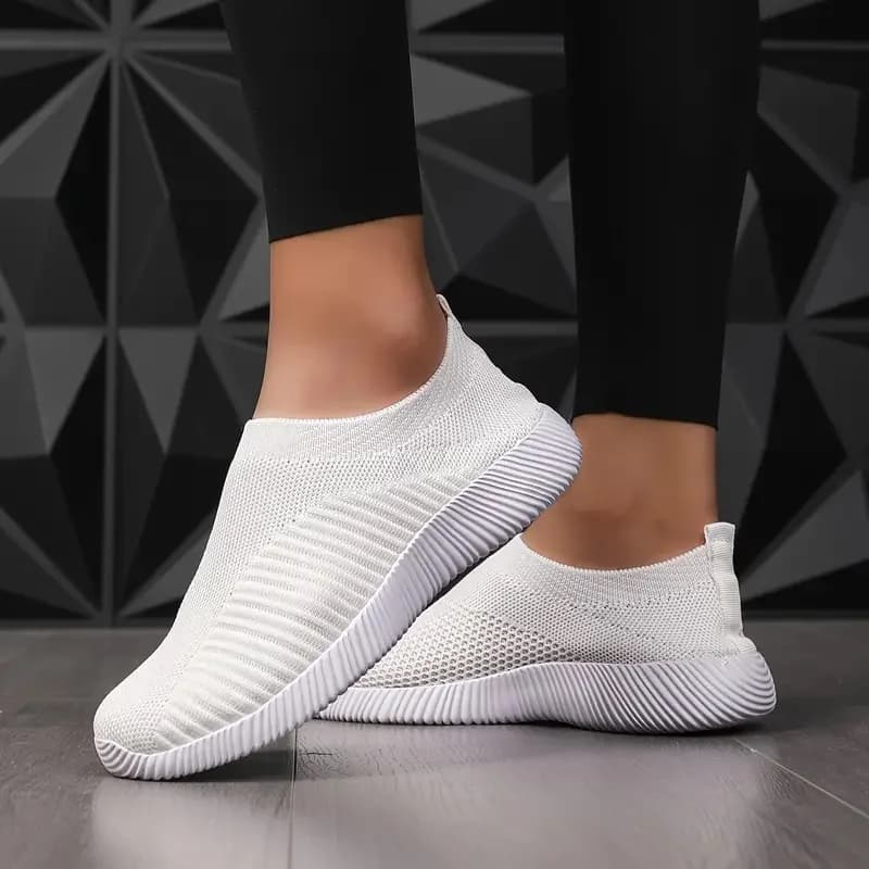 Einfarbige Damen-Sneaker, atmungsaktives Mesh, gewebt, für den Außenbereich, leicht, Low-Top-Walking, Laufen, Sportsocken, Schuhe