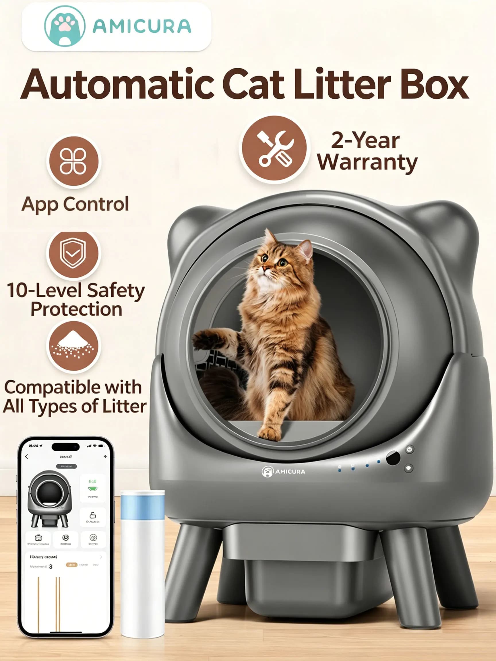 Amicura Cura X1 Automatische Katzentoilette, selbstreinigend, mit App-Steuerung, Sicherheitssensor, leicht zu reinigendes elektrisches Katzentoilett