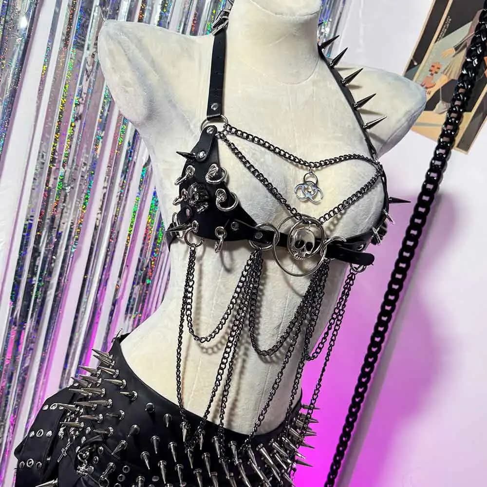 Gothic Emo Punk Damen-Top mit Spikes, Alternative Grunge PU-Leder Tanktop, Y2K ALT Harnesses, Gothic-Kleidung für Frauen, 90er-Jahre-Party