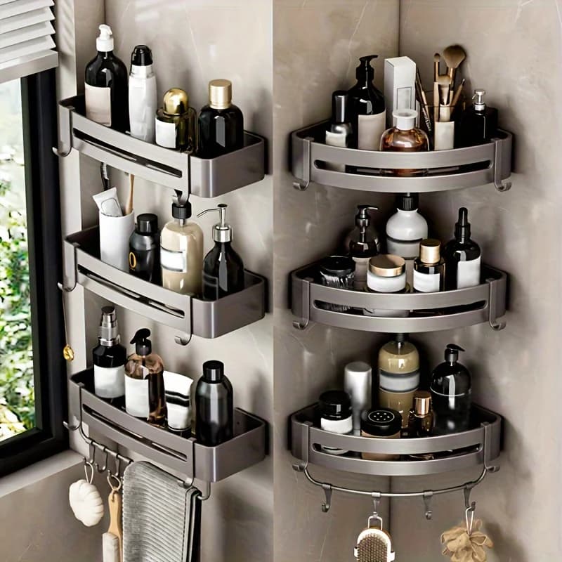 1-teiliges, nicht bohrendes Aluminium-Badezimmer-Aufbewahrungsregal – wandmontiertes Eckregal für Shampoo, Make-up und Zubehör
