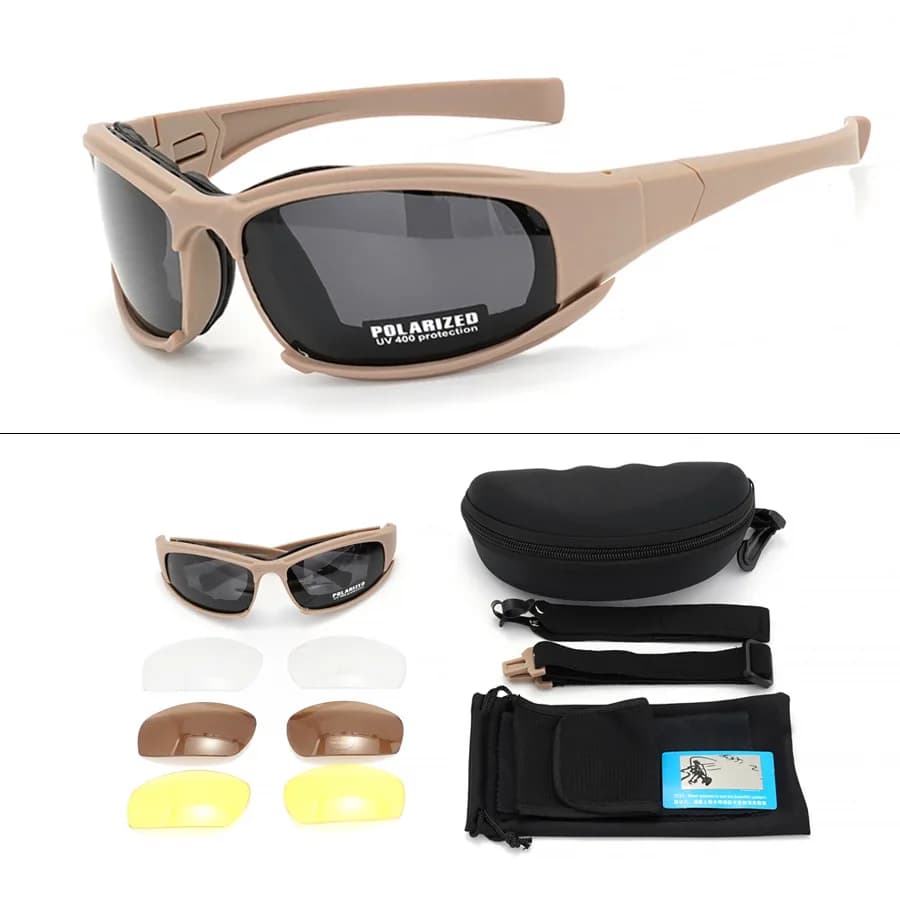 Neue 4-Linsen-Taktikbrille – polarisierte wind- und staubdichte Schutzbrille für Outdoor-Sportarten (Klettern, Radfahren, Angeln)