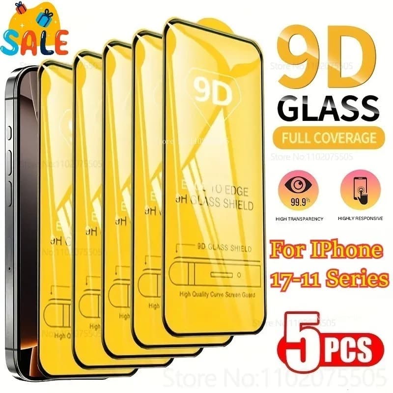 5er-Pack 9D-Hartglas mit vollständiger Abdeckung für iPhone 17–11 Serie 13/14/15/16/17 Pro Max HD-Schutzfolie 7/8/11/12 Mini 16e 15Plus