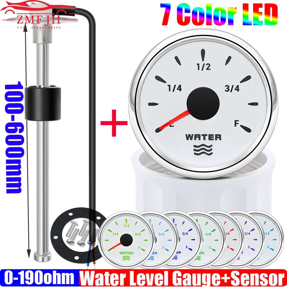 7-farbige Hintergrundbeleuchtung, 2 Zoll, 52 mm, Wasserstandsanzeige + Wasserstandssensor, 100–600 mm, 0–190 Ohm, Wassertank-Messgerät, Anzeige,