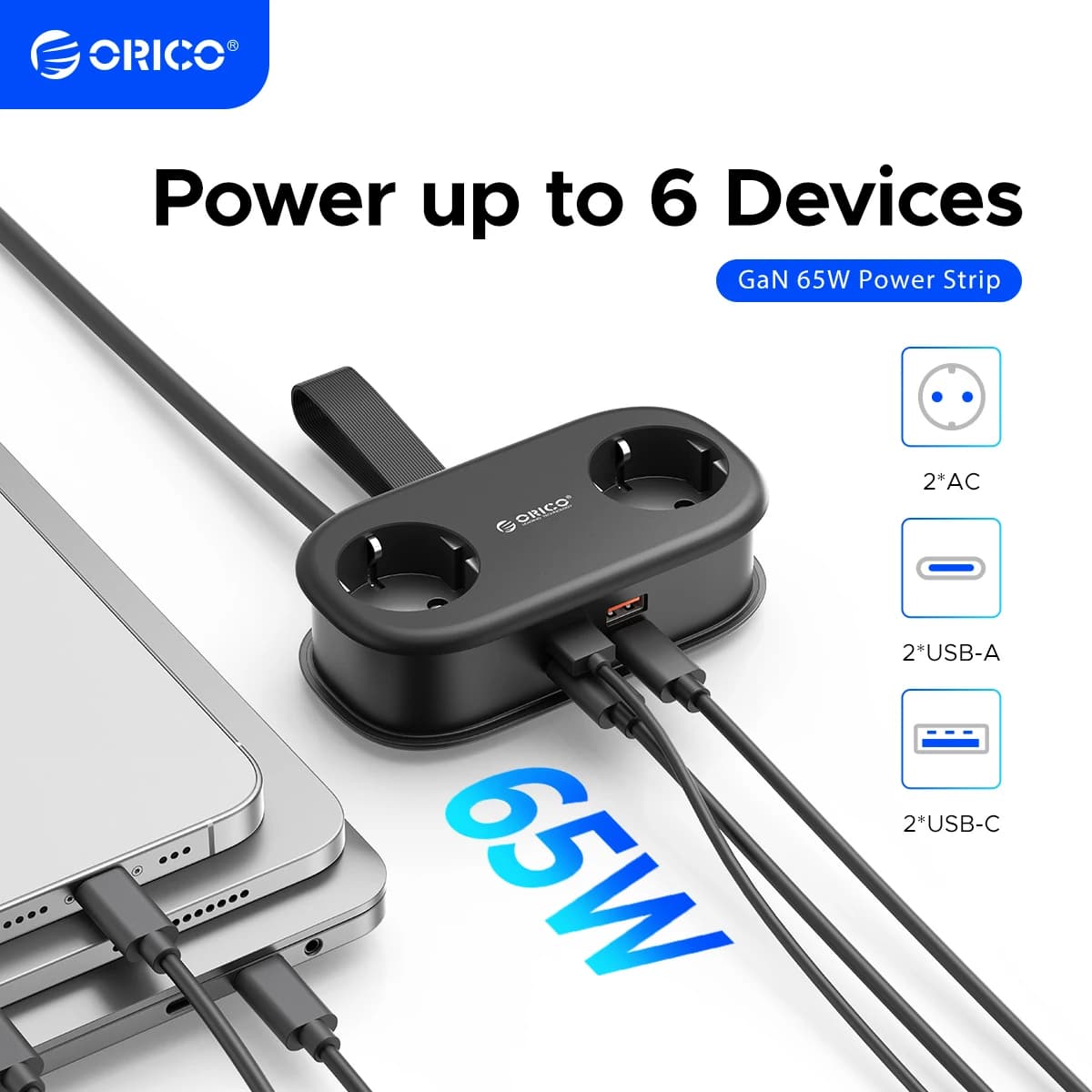 ORICO EU Stecker GaN 65W Steckdosenleiste 2AC Steckdosen 2USB Port 1Typ C Tragbare Adapter Verlängerungskabel Schnelle Aufladung für Reise nach