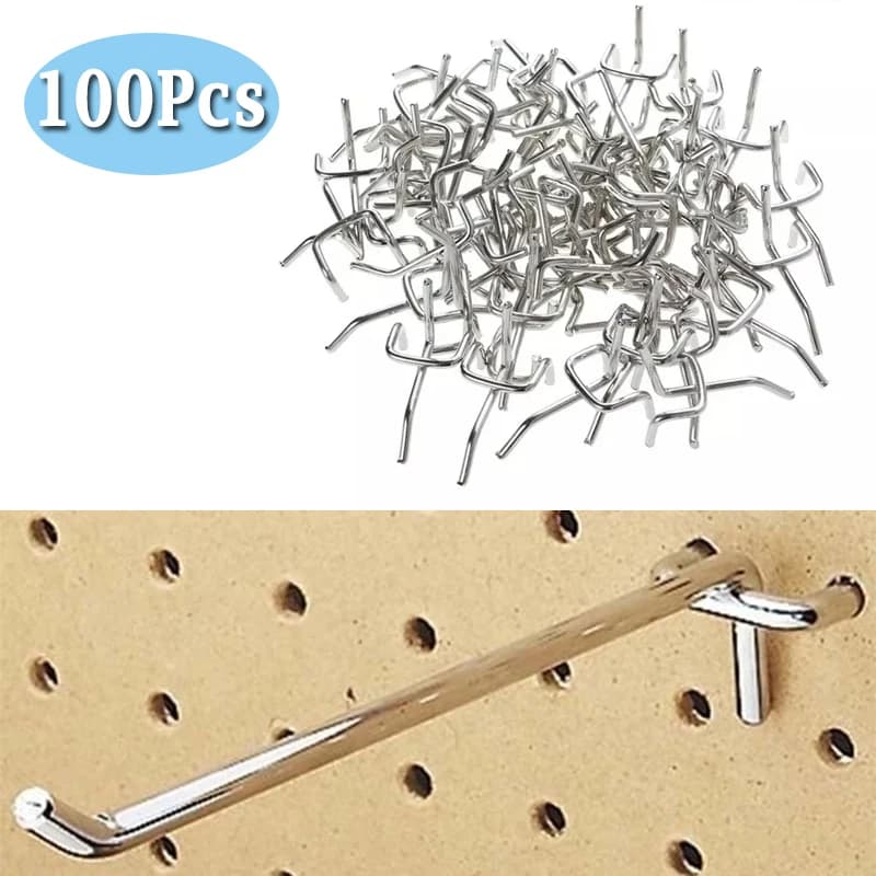 100 Stück Stecktafel-Haken, 3,3 mm, silberfarbener Kohlenstoffstahl, Regal-Aufhänger-Set, Garage, Werkstatt, Werkzeuge, Aufbewahrung, Display,
