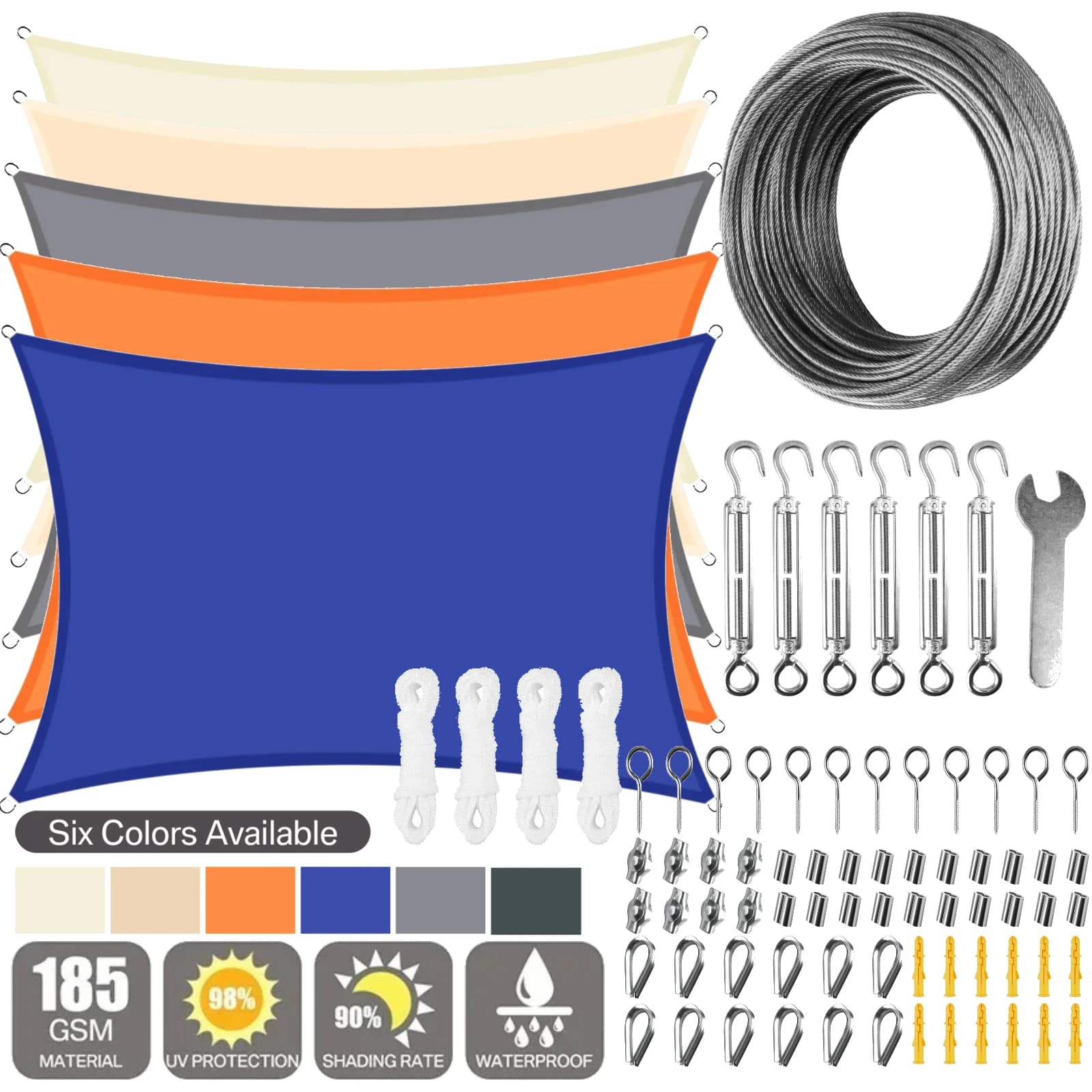 Wasserdichtes großes Sonnenschutzsegel mit 72-teiligem Hängehardware-Kit für den Außenbereich, Garten, Terrasse, Überdachung, Installation von