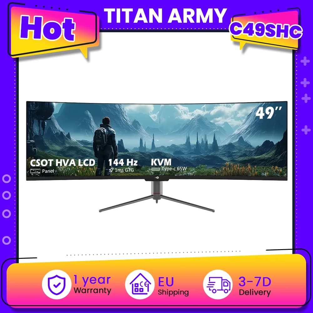 Titan Army C49SHC 49-Zoll-DFHD-3840×1080-Curved-Gaming-Monitor, CSOT HVA-Panel, 1800R, 144 Hz, Adaptive-Sync, PIP/PBP Split Screen, USB-C 65 W, RJ45