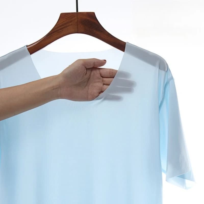 Sommer Ultradünne Schlafoberteile Flüssige Eisseide Rundhals Hochelastisches Freizeithaus Kühlendes Unterteil T-Shirts Leichtes Pyjama-Oberteil