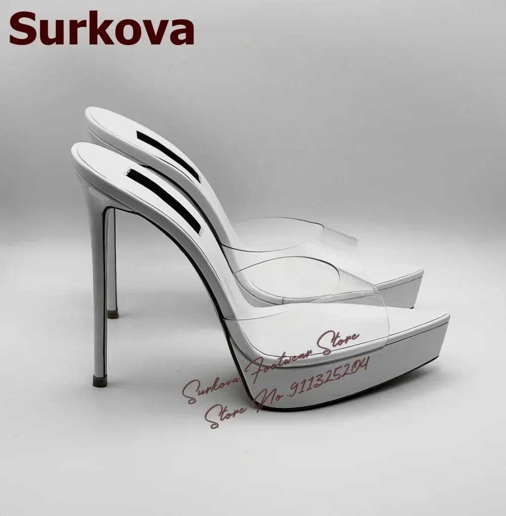 Surkova Transparente PVC-Pantoletten mit spitzem Zehenbereich und hohem Absatz, rosa, weiße Stiletto-Absätze, Plattform, moderne Hausschuhe,