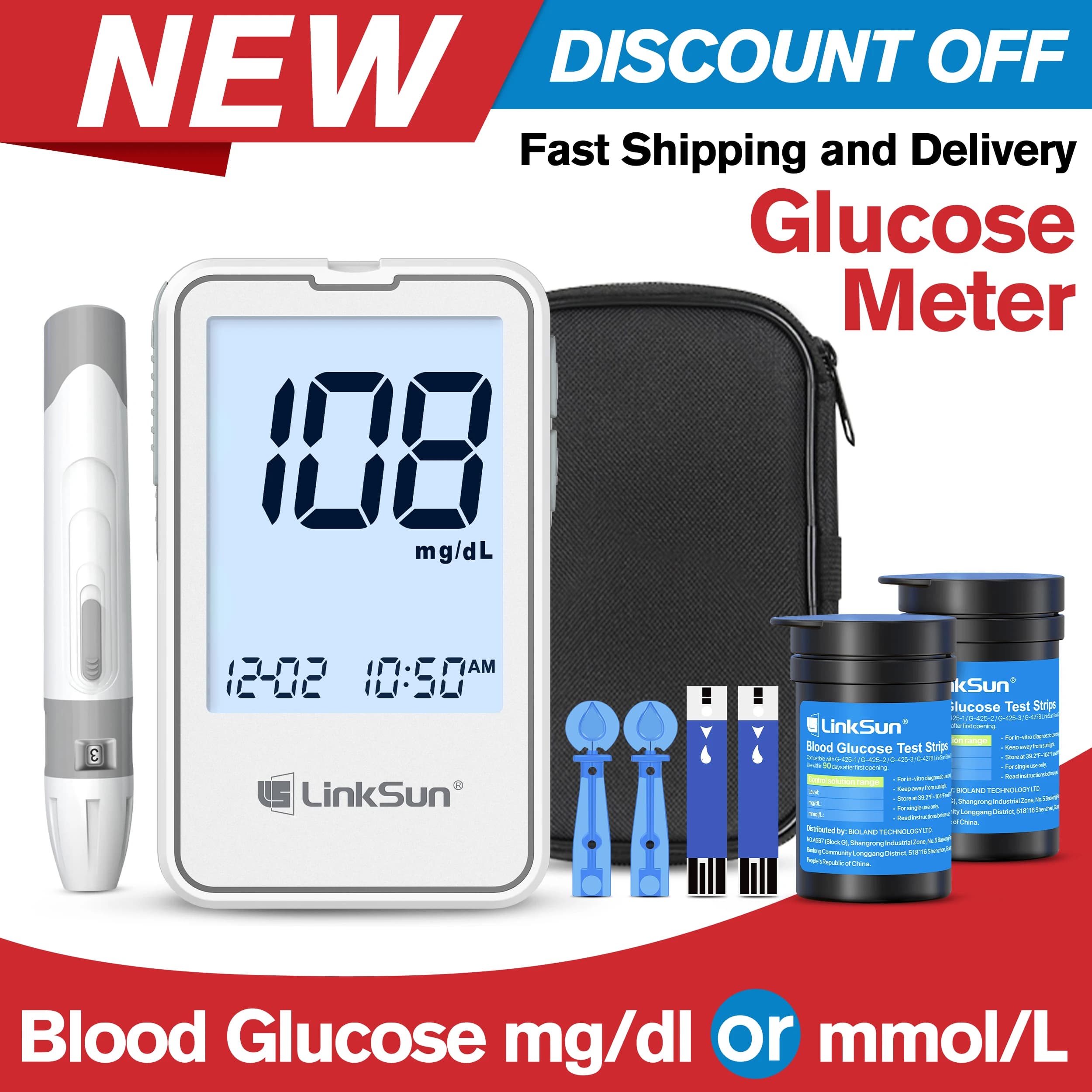 LinkSun Blutzucker G-425-2 Teststreifen Ersatz-Messgerät Glukometer Diabetes Medizinische Lanzetten Digitales Glukometer Komplettset