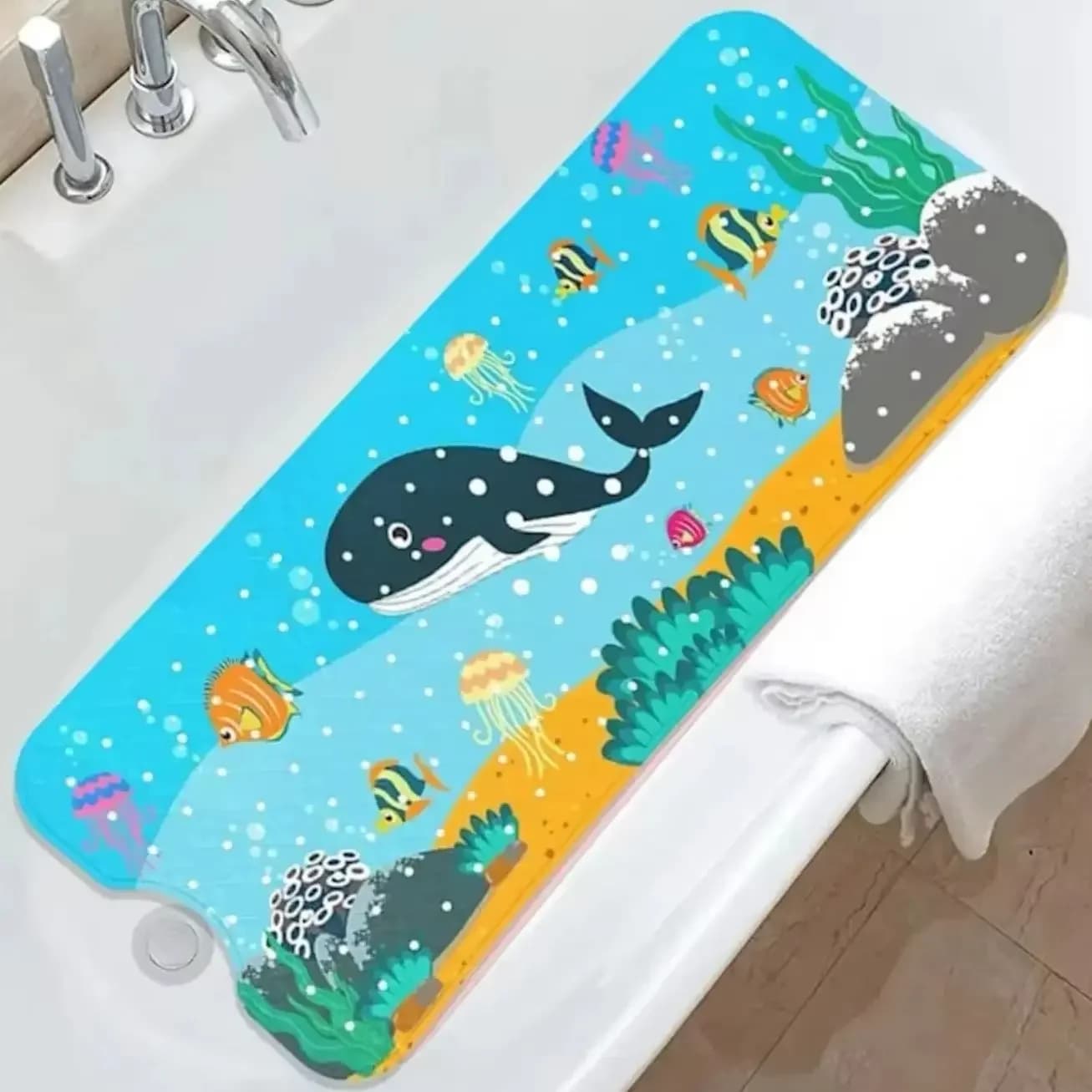 1 Stück rutschfeste Badewannenmatten, 40 x 100 cm Cartoon-Ozean-Badematten mit Saugnäpfen und Dran-Löchern, PVC-Duschmatten, Badteppiche, schnell
