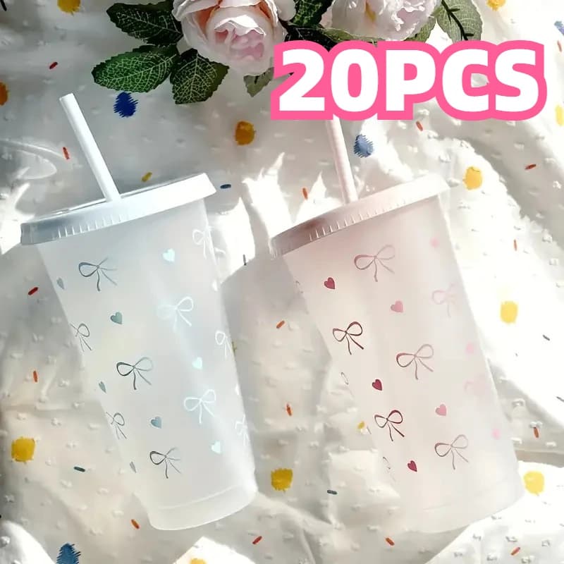 20 Stück Kunststoffbecher mit Schleife und Strohhalmdeckel für Eis, Kaffee, Saft, Tee, Kunststoffbecher, tragbare Trinkflasche,